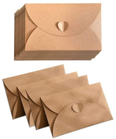 JEXOWIQ 20 Stück Kraftpapier Umschläge Mini Briefumschläge, Klein Umschläge Mini Briefumschläge mit Herz Verschluss für Geldgeschenke Dankeskarten Einladung（17,5 x 10,9 cm）