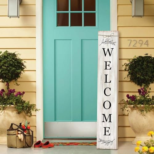 Welcome Sign for Front Porch Standing - Wooden Vertical Hanging Farmhouse Decor With Leaves for Front Door and Home Decorations 47.2H