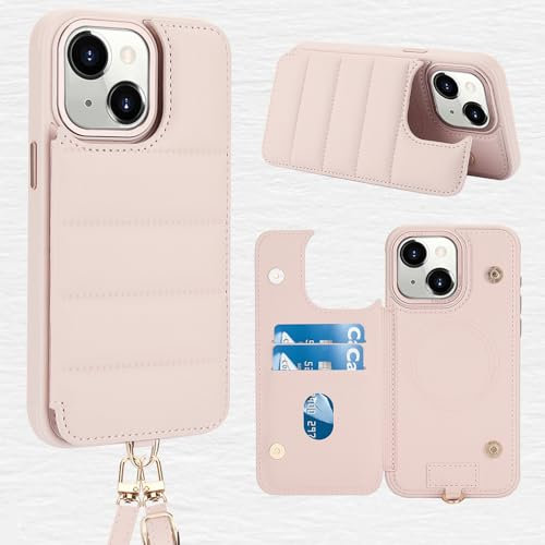 Nokverzy Coque Silicone pour iphone 13(6.1)/14(6.1) étui avec Cordon Porte Carte Rabat Pochette Telephone Portable pour iphone 13(6.1)/14(6.1) Coque Clapet Antichoc Magnetique Support Rose Clair