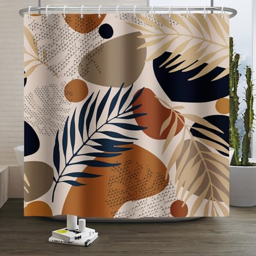 Xiaoterna Rideau de Douche bohème à Feuilles de Palmier Tropicales Art Abstrait Moderne Feuilles Plantes Rideau de Salle de Bain Lavable Rideau de Douche Minimaliste Feuilles de Plantes 150x180cm