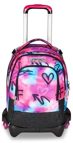 Seven Trolley Scuola Jack 3 Ruote Detach, Fucsia Azzurro, Zaino Con Carrello Sganciabile Da 37 Litri, Tasca Borraccia, Zainetto Staccabile, Multiuso e Spazioso, Per Elementari e Media, Bambina