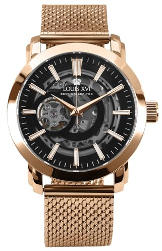 LOUIS XVI Versailles 2.0 Automatik 1910 - Ø 43.5 mm - Herren Uhr - Wasserdicht - Skelettuhr - Armband Roségold - Zifferblatt Schwarz – Automatikuhr