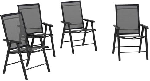 Outsunny Set of 4 Folding Garden Chairs, Metal Frame Garden Chairs Outdoor Patio Park Dining Seat with Breathable Mesh Seat, Black