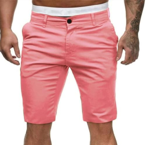 Short chino d'été pour homme - Coupe ajustée - Short d'été léger - Stretch - Confortable - Couleur unie - Short classique avec poches - Pantalon d'entraînement de sport, Rose, L