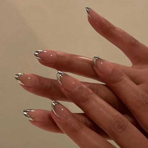 KQueenest Chrome Grey Press on Nails Almond Medium Glazed Glitter False Nails Medium, Luxury Design Acrylic Fake Nails Set with Bling Mirror Effect Stick on Nail for Women Finger Decoration 24 Pcs