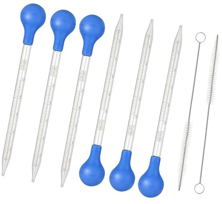 Pipette Glas 6 pcs Dropper 10ml Glaspipette Tropfpipette Flüssigkeiten Messpipette mit Gummi-pipettierball und Reinigungsbürste Pipetten für Experimente Schulunterricht Handgemachte Seife DIY