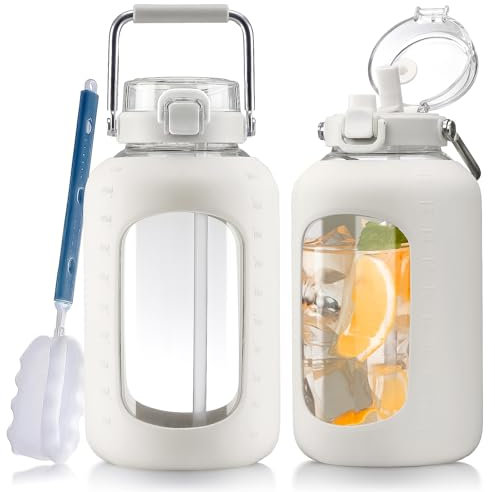 WINSA Large Glass Water Bottles with Stainless Steel Handle,100 oz Gallon Drinking Bottle with 2-in-1 Straw Lid,3 Liter Glass Water Jug with Silicone Sleeve,Wide Mouth,White