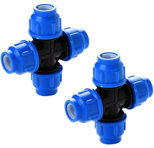 2 Stück PP-Fitting Verschraubung für PE Rohr 25mm, BetterJonny Kreuzverbinder PE Rohr Fitting 25mm x 25mm x 25 mm x25mm Verschraubung Kupplung Kunststoff PP Kupplung, Blau