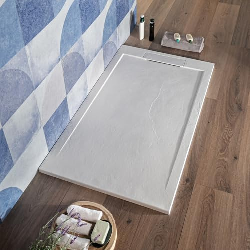 Piatto Doccia 70x180 cm in Marmoresina - Bianco Effetto Pietra, Tagliabile su Misura, Antiscivolo, Rettangolare e Sottile - Modello Cover L