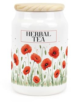 Purely Home Summer Poppies Herbal Tea Canister - Red & Green Floral Homeware Gifts - Refillable Ceramic Storage Container & Wooden Lid 600ml (14.5cm x 9.5cm)