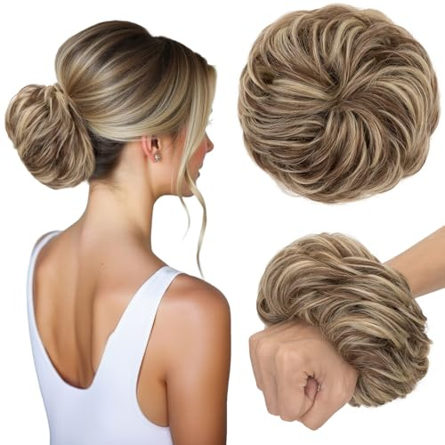 TESS Haarteil mit Gummiband Echthaar 45g, Gelockt Dutt Haarteil Haargummi mit Haaren Hochsteckfrisuren Haarverlängerung Messy Bun Haarteile für Damen Schokoladenbraun/Lichtblond