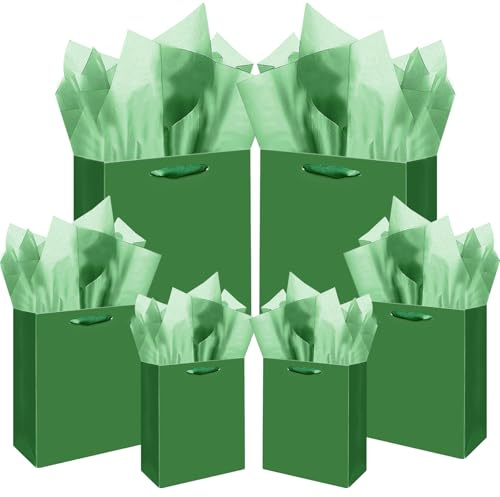 Gcardis dunkelgrüne Geschenktüten mit Seidenpapier in verschiedenen Größen, 10 Stück Geburtstagsgeschenktüten (2 große 13, 4 mittlere 9, 4 kleine 6, Seidenpapier)