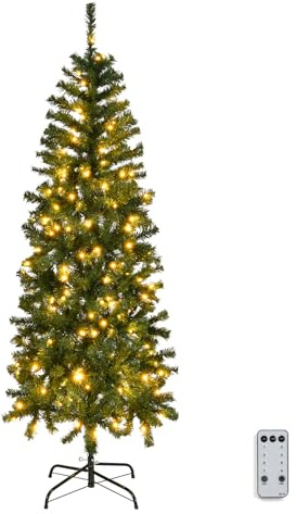 Outopee 6ft Pre-lit Green Artificial Christmas Tree, Pencil Slim Xmas Tree | 210 Warm White Lights, Remote Control, 8 Lighting Modes, 400 Branch Tips for Holiday Party Home, Office, Shop Decoration