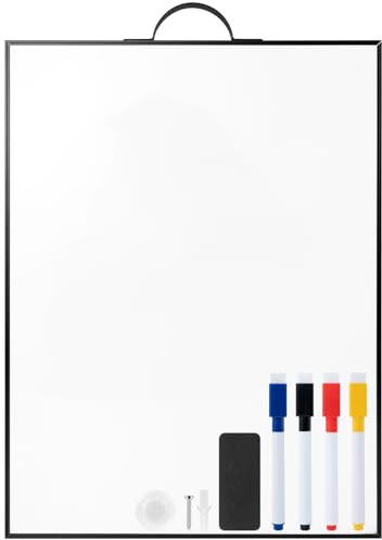 Whiteboard for Wall Door, 40 x 30 cm Portable Dry Erase Board A3 Magnetic Surface with Handle, Aluminum Black Frame Notice Board for Home Kitchen, Office, School