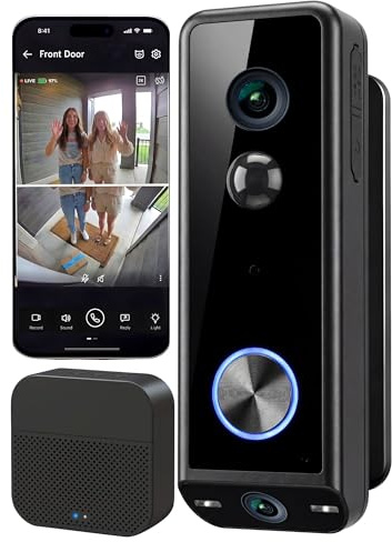 VigiSec 2K Dual Camera Video Doorbell with Wireless Chime, 180° Head-to-Toe View, Wired or Battery Powered, Easy Video Setup, 2.4GHz Wi-Fi, Two-Way Talk, Person Detection, Night Vision, Local Storage