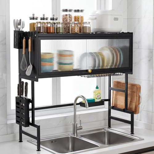3-Tier Over-the-Sink Dish Drying Rack, Expandable Kitchen Storage Shelf | 85 cm, With Utensil Holder & Drain Board, Space-Saving Countertop Organizer, for Dishes, Glasses, Bowls & Cutlery, Black