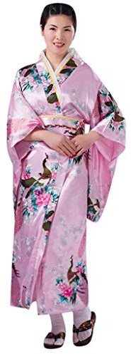Kimono Donna Giapponese in Satin 3 Pezzi con Caftano Lungo,Obi e Supporto Posteriore Vestaglia Sposa Estiva Costume Carnevale Geisha Accappatoio Hawaiana Yukata Camera Elegante Copricostume Mare