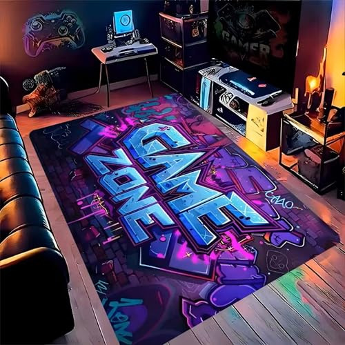 SOJAWA Gamer Zone Teppich, 140x200cm Graffiti Stil Gaming Teppich für Spielzimmer, Kurzer Flor Waschbarer Anti-Rutsch Teppich für Gaming-Stuhl, Jugendzimmer, Büro, Spielbereich