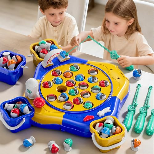 WOANZZ Magnetic Fishing Game for Kids, 70 Pcs Musical Rotating Board Toy Set, Educational Toddler Multiplayer Catching Toy Set with 8 Rods, Birthday Present for Boys Girls Aged 3 4 5 6 Years Old, Blue