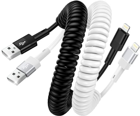 kigpozi 2 Pack Coiled Lightning Cable, USB A to iPhone Charger Cable Lead | Retractable USB A to Apple Carplay Cable Coil Short for Car, Fast Charger Cable,for iPhone 14/13/12 Pro Max 11/Xs/XR/8 iPad