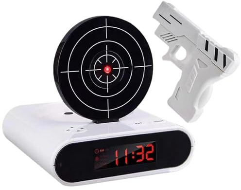 Kertaym Wecker mit Pistole und Zielscheibe, Laser Wecker mit LED‑Display, Interaktives Laser Pistolenwecker, Schreibtisch Gadgets, Geschenk Für Gadget-Liebhaber (B)