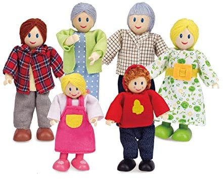 Hape Jouet Famille Caucasienne pour Maison de Poupée en Bois, 6 pièces - Accessoire et Figurines en Bois pour Maison de Poupée en Bois - Jouet pour Enfant à partir de 3ans - Fille et Garçon