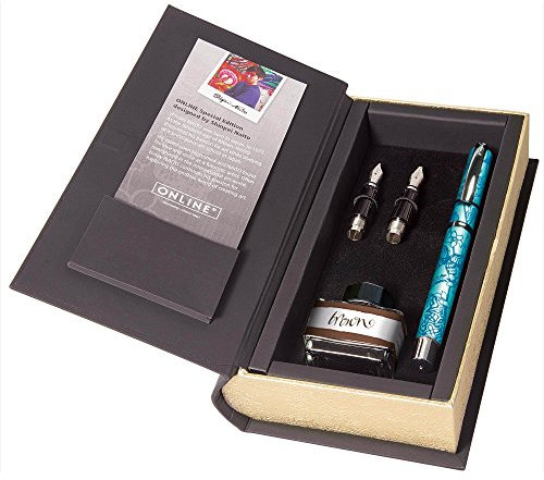 ONLINE Kalligrafie-Set Vision Special Edition Butterfly Dreams Turquoise, Feder 1,4 mm, 0,8mm und 1,8 mm Griffstücke, inkl. Konverter und Tintenglas
