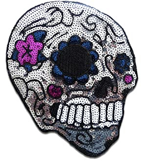Catch the Patch Totenkopf Mit Pailletten Aufnäher zum Aufbügeln 22,5 x 17,3 cm Bügelbild für Erwachsene mit Skull Vintage Edgy Statement, Bügelpatch Patches Bügelflicken Geschenk