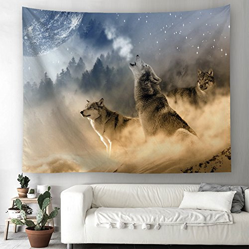 Wolf Mond Wald Wandteppich Fantasy Tier Landschaft Wandbehang Tapisserie Wandtuch Tischdecke Strandtuch 150x130cm
