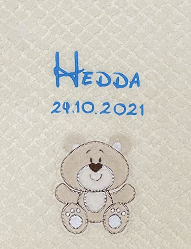 KIDDI-MEDIA Babydecke, Beige, Bär, Bestickt | Mit Name und Geburtsdatum, Kuschelig weich, Extra Flausch