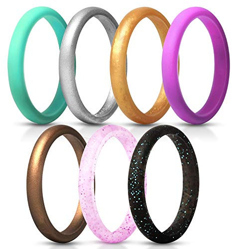 JewelryWe Schmuck 7 PCS Silikon Ehering für Frauen, 2.7mm Gummi Hochzeit Bands Gummibänder Ring für Sport und Outdoor, 7 Farben Set, Größe 62