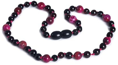 Baby J's - Cherry & Rose Amber Necklace - 100% Baltic Amber & Semi-Precious Stones - Knotted to Prevent Scattering - With Gift Pouch and Certificate of Authenticity - 32cm