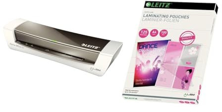 Leitz Set A4 Home Office Laminiergerät, Für 80 bis 125 mic Laminierfolien, Grau, 73680089 & Leitz Heißlaminierfolien A4 125 mic, Hochwertige Laminierfolien im 100er Pack, 33808