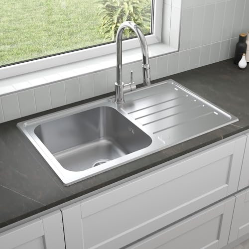SÄUBER® 860 x 500mm Stainless Steel Kitchen Sink Single One 1.0 Bowl Inset Drop in Installation, Right Hand Drainer, 18/8 Grade Steel Sinks, Free Basket Strainer Waste