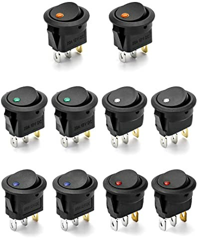 QWORK 10 Stück LED Wippschalter, DC 12 V 20 A Ein/Aus, runder Druckschalter, 5 Farben, für Auto, Marine, Geländewagen