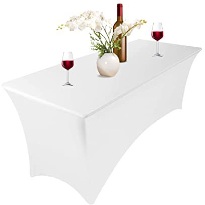 Xabono Tischdecke für Partys und Feiern, 122 cm, Tischdecke für Partys, Spandex, Jubiläums-Tischdecken für rechteckige Tische, passende Tischdecken für 1,8 m große Tische (122 cm, Weiß)