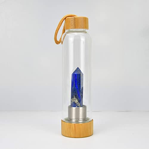 BiiKoon Crystal Infused Water Bottle Healing Natural Gemstone Energy Stone Water Cup with Bamboo Cover Removable Amethyst Gravel Quartz Glass Bottles (Color : Lapis Lazuli, Size : 500ml)
