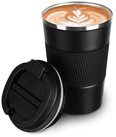 camako Coffee Cup Insulated, Reusable Travel Stainless Steel Mug with Leakproof Lid & Eco-Friendly for Coffee (13oz/380ml, Black)