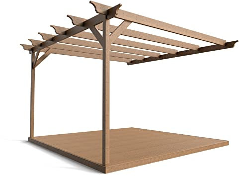 Wall mounted pergola and decking complete diy kit (4.8m x 4.8m Champion design, Rustic brown finish)