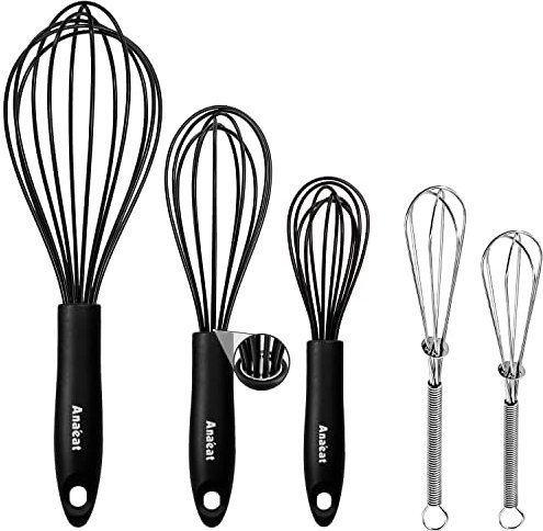 Anaeat Kitchen Whisk Set of 5, Perfect for Non-Stick Cookware, Egg Beater Milk Blender for Whisking, Cooking, Baking - 5+7 Mini Wire Whisk and 8.5''+10.5''+12'' Silicone Balloon Whisks (Black)