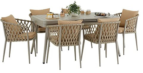 Gartenmöbel Set Sunny mit 1 ausziehbaren Esstisch und 6 Stühlen, Esstisch Gestell aus Alu in Champagner, Seilbespannung der Stühle in beige, Essgruppe inkl. Sitzkissen und Rückenpolster