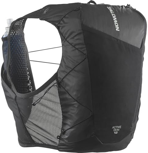 Salomon Active Skin 12 Gilet d'hydratation Trail Running Randonnée Vélo Unisexe avec flasques d'hydratation incluses, Facilité d’hydratation, Fit précis, Rangement optimisé, Noir, L
