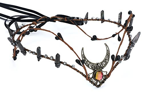 MOSTORY Schwarzer Kristall, Kreiskrone, roher Quarz, Stirnband, Fee, Mond, Kopfschmuck, dunkles Strass, Haar-Tiara, Elfe, Meerjungfrau, Cosplay, Kostüm, Zubehör für Damen, Renaissance, Halloween,