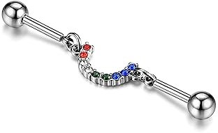 PiercingJak Industrial Piercing Bars 38mm 14G Chirurgenstahl Stab Barbell mit Strass Kette Double Knorpel Helix Ohr Piercing Silber Punk Körper Schmuck für Damen Herren