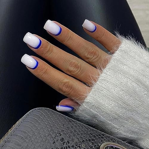 AKOFIC 24 Pièces Faux Ongles Court Carré, Ballerine Faux Ongles à Coller French Manucure, Glazed Press on Nails avec Gel Pad Ongles, Blanc Bleu Faux Ongles Reutilisable Sans Colle pour Femmes