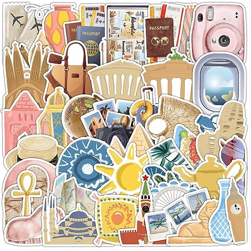 PRETTY SUNSHINE Reisen Aufkleber 60 Stück, Wasserfest Aesthetic Sticker Set für Koffer Scrapbook Laptop Skateboard Auto Fahrrad Helm Motorrad, VSCO Aufkleber für Teenager und Erwachsene
