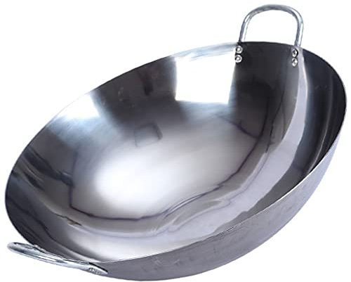 OQHAIR Wok Classic Sartén de Acero Inoxidable 15.7 Pulgadas Gruesa Doble Oreja Antiadherente Sartén de Cocina Adecuada para Todas Las Estufas, Excepto cocinas de inducción (65 cm)