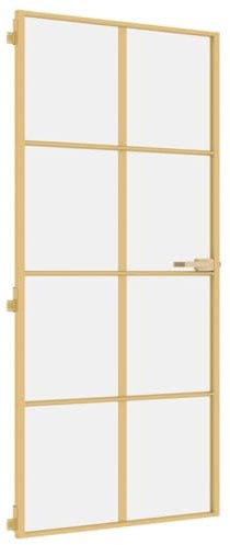 vidaXL Innentür, Schlank Zimmertür mit Metallrahmen Griff, Glastür Tür mit Befestigungsmaterial, Schiebetür Badezimmertür, Golden 93x201,5 cm Hartglas Aluminium