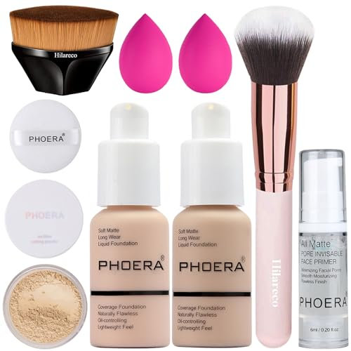 PHOERA Foundation,PHOERA Primer, PHOERA Puder,Concealer Cover Flüssigmatt Full Coverage, Make Up Foundation Pinsel and Puder Pinsel, Make up Schwamm Set (101+102/Porcelain+ Nude)