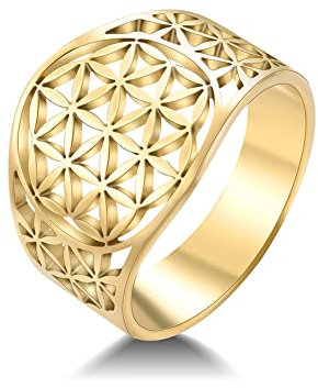 Amaxer Anello da donna con fiore della vita, motivo geometria sacra mandala, alla moda, in acciaio inox (Oro, 20mm)